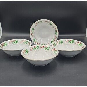 Gibson Christmas Charm Holly Berry Cereal Bowls Set Of 4 6 1/4"